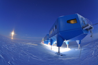 British antarctic survey halley vi research station situated on snowy plain in antarctica